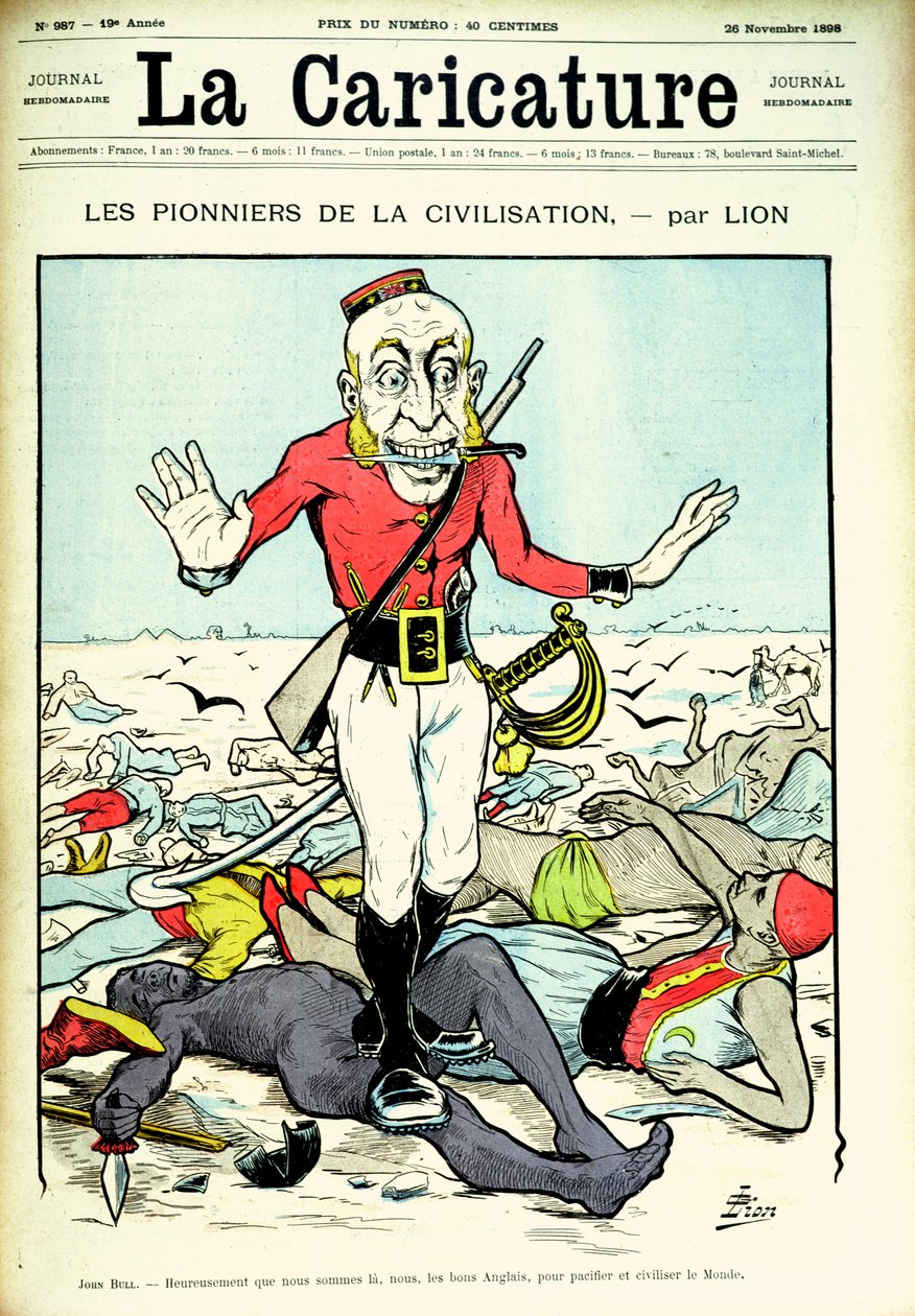 Pioneers of Civilization, John Bull bringar fred och civilisation till världen, omslag till tidningen "La Caricature", 26 november 1898 av Lion