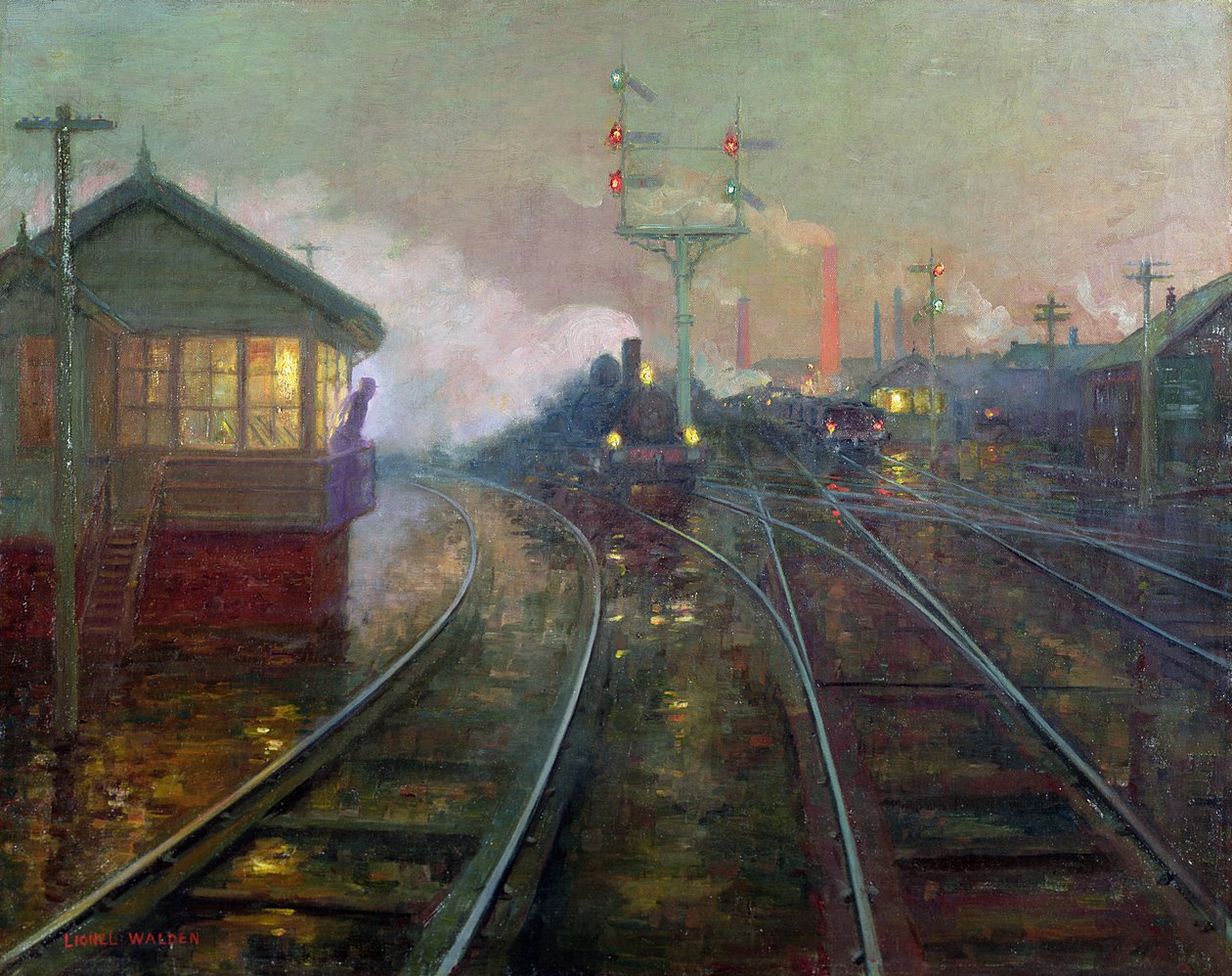 Tåg om natten c.1890 av Lionel Walden