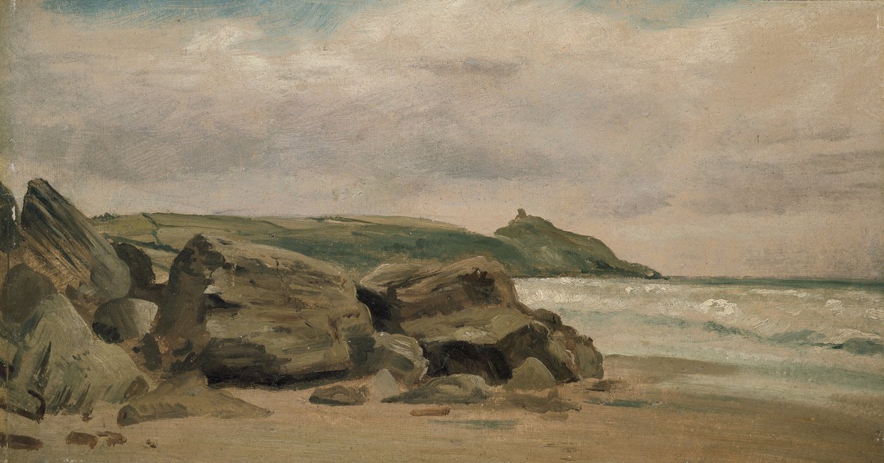 Utsikt mot Rame Head, Cornwall, 1800-talet (olja på kvarnbräda) av Lionel Constable