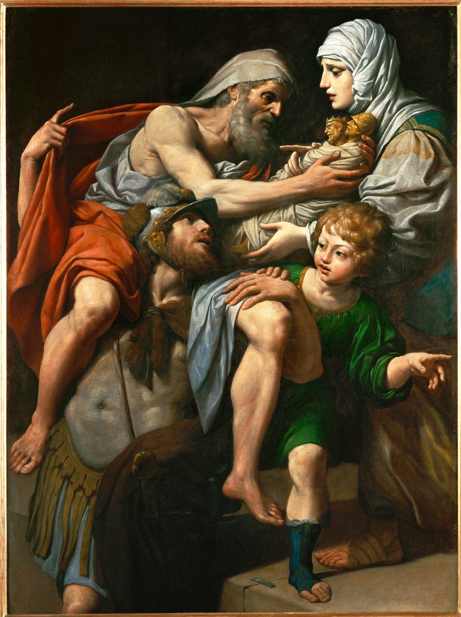Enee et Anchise - Aeneas och Anchises. Aeneas bär sin far Anchises från det brinnande Troja... av Lionello Spada