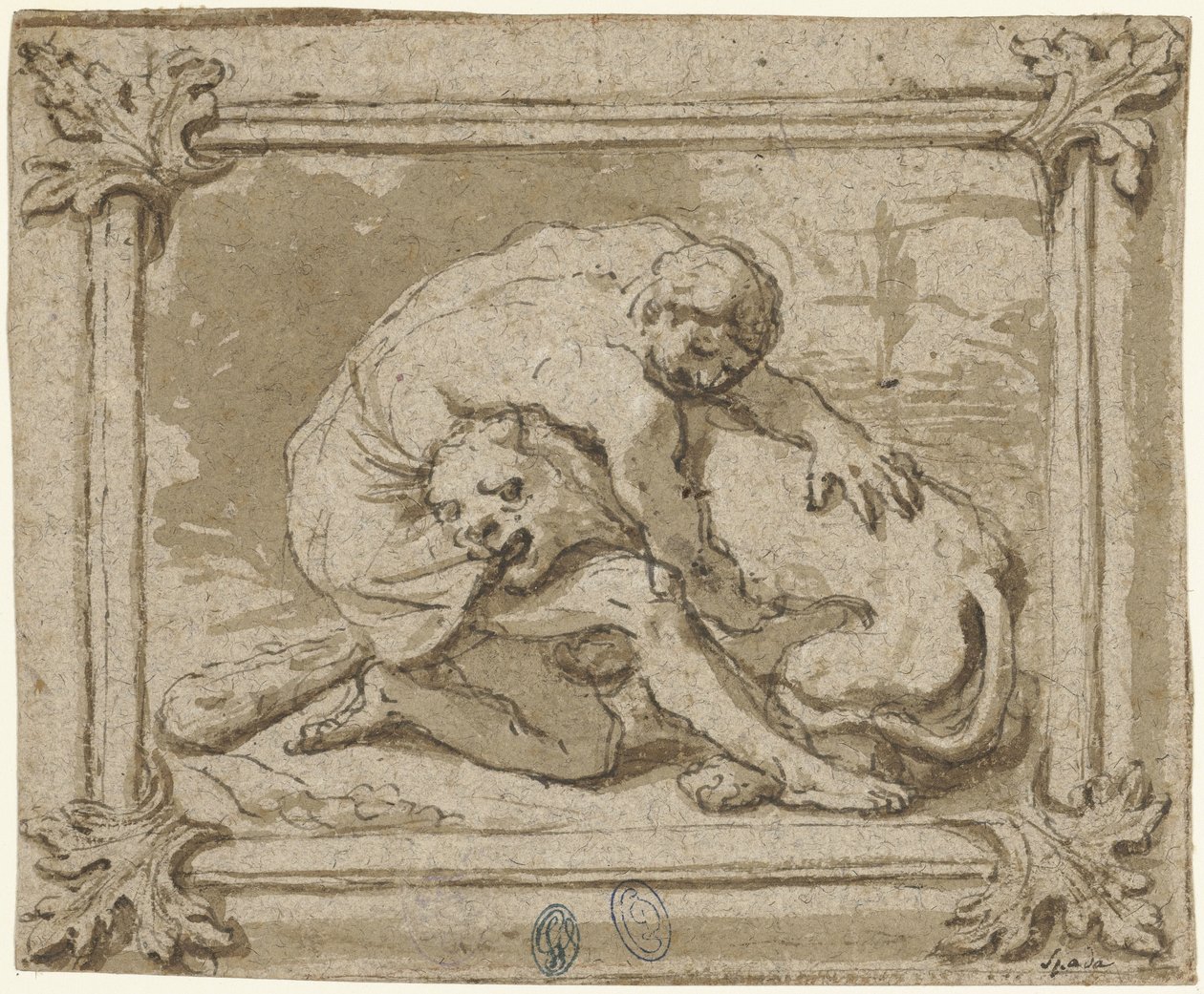 Hercules slåss mot det Nemeiska lejonet av Lionello Spada