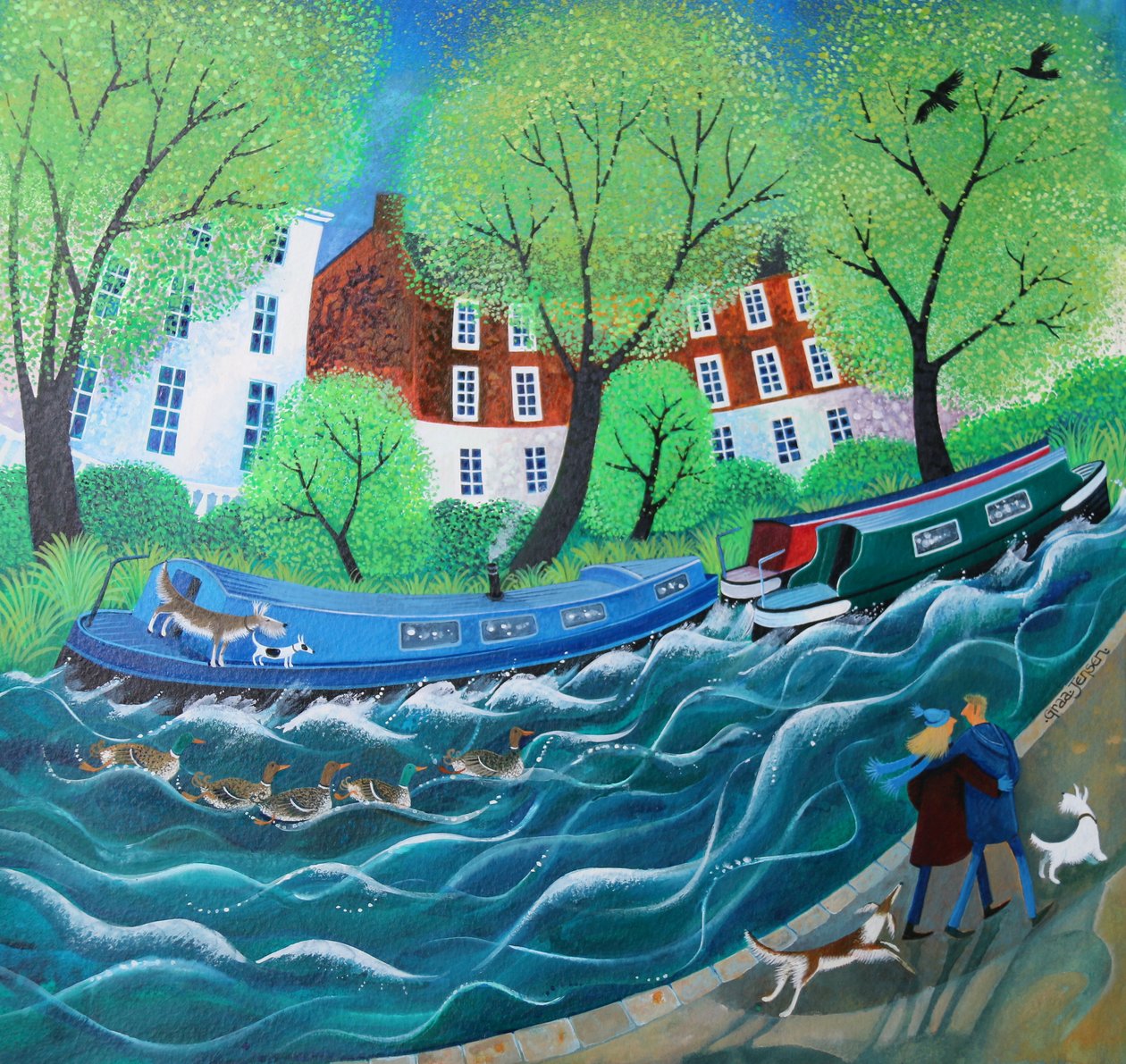 Längs Regents Canal, 2016, (akrylbläck på papper) av Lisa Graa Jensen