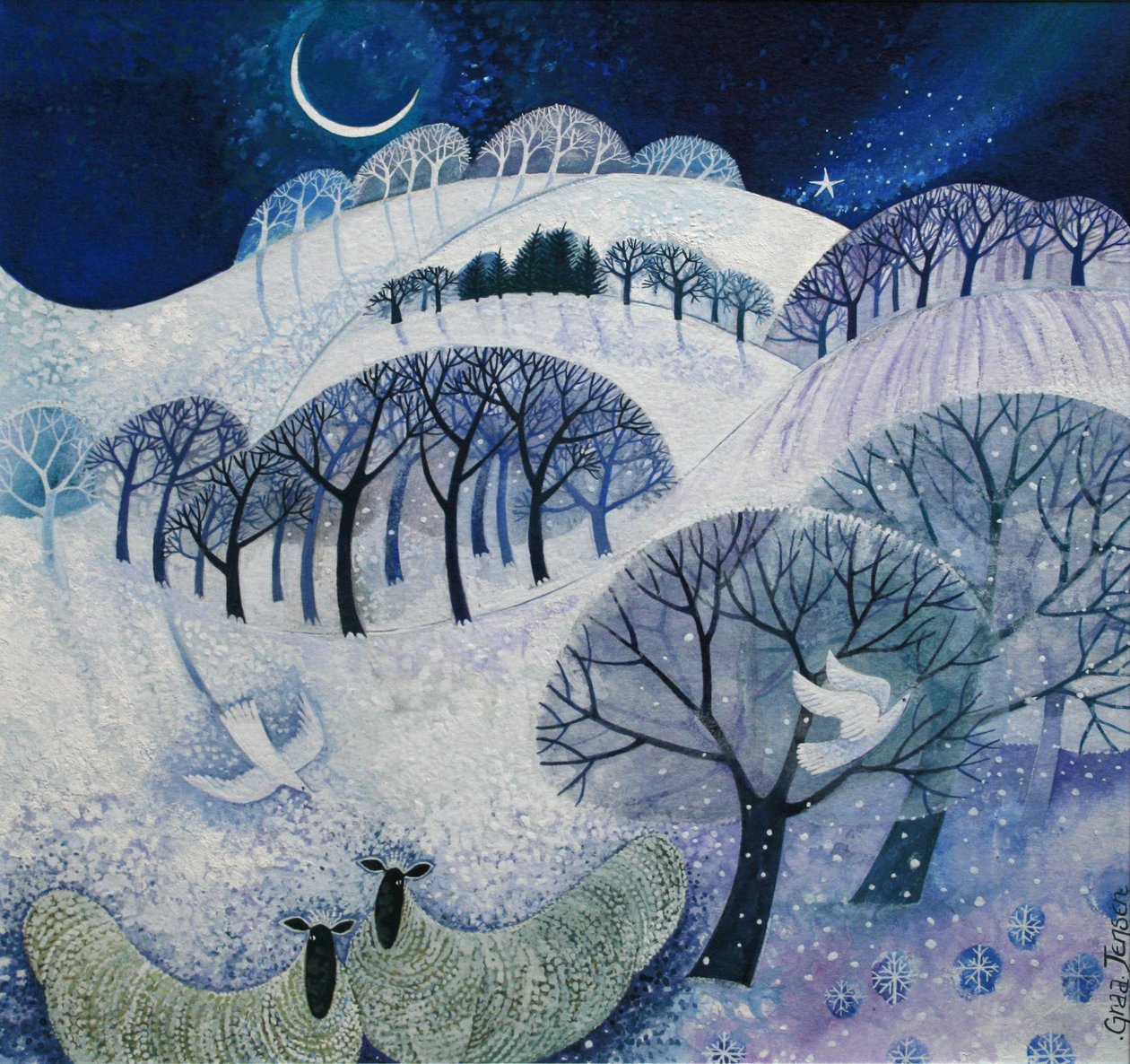 Snowy Night (akrylbläck) av Lisa Graa Jensen