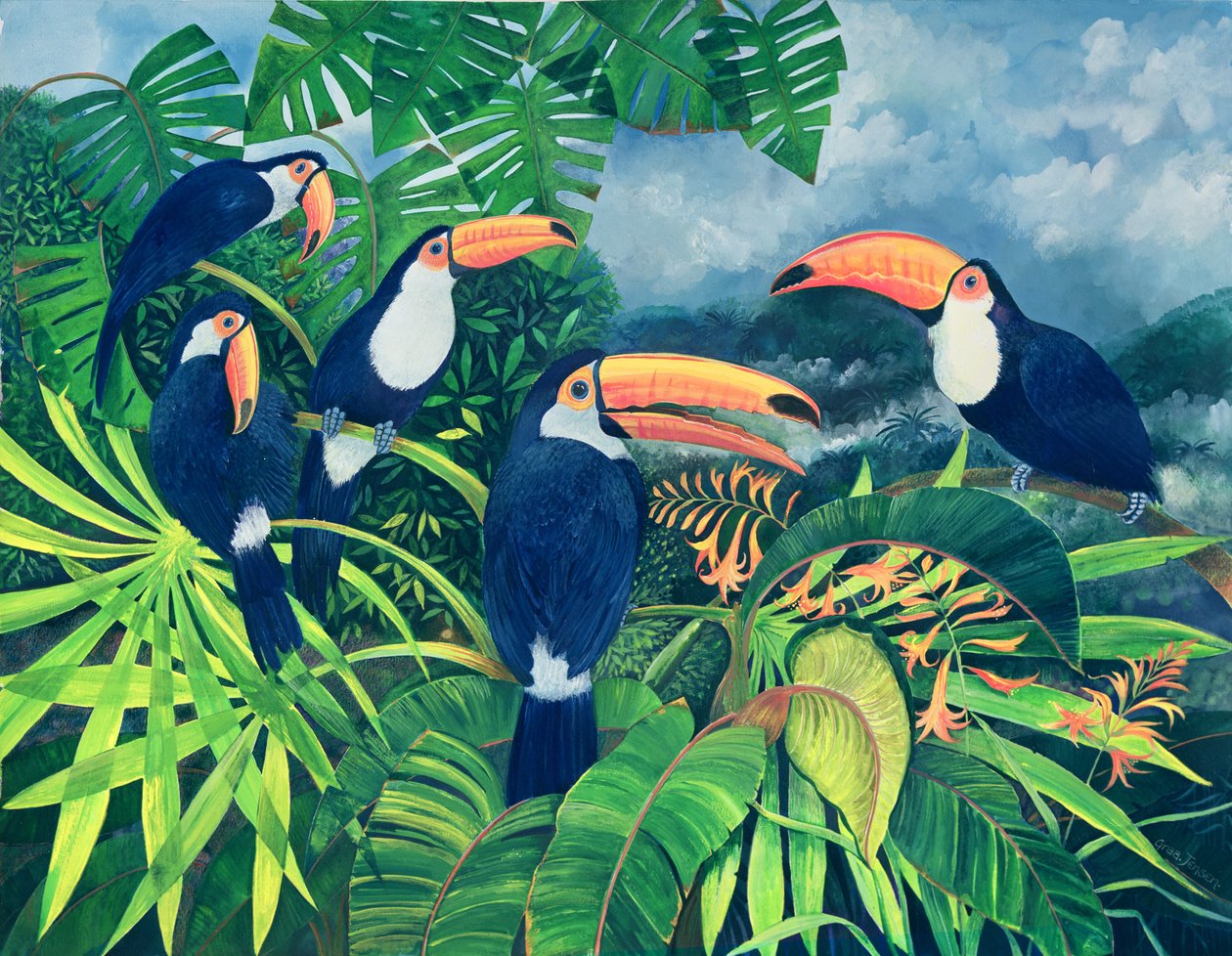 Toucan Talk (wc och gouache på papper) av Lisa Graa Jensen
