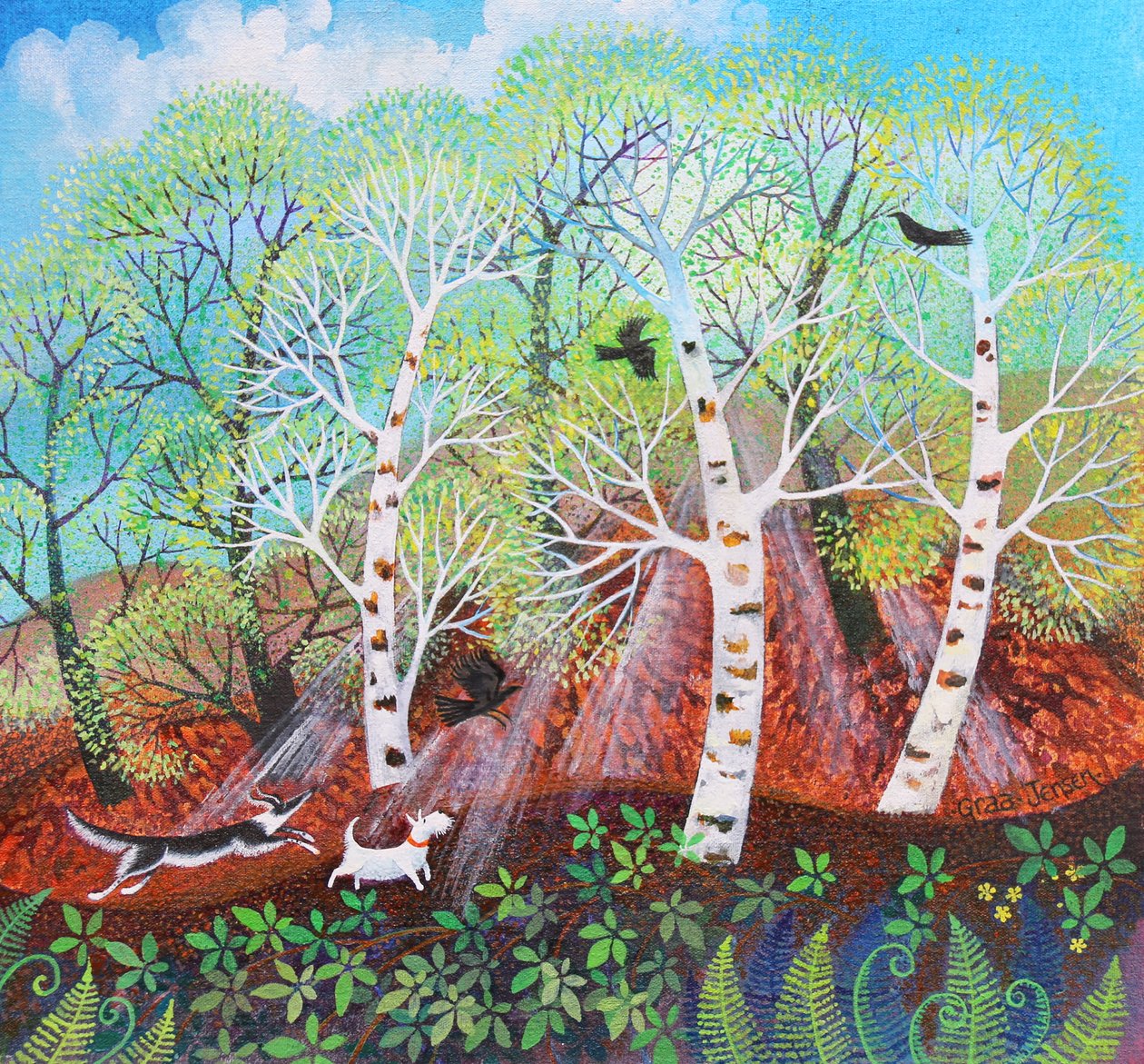 Chasing Crows on the Common, 2021 (akryl på duk) av Lisa Graa Jensen