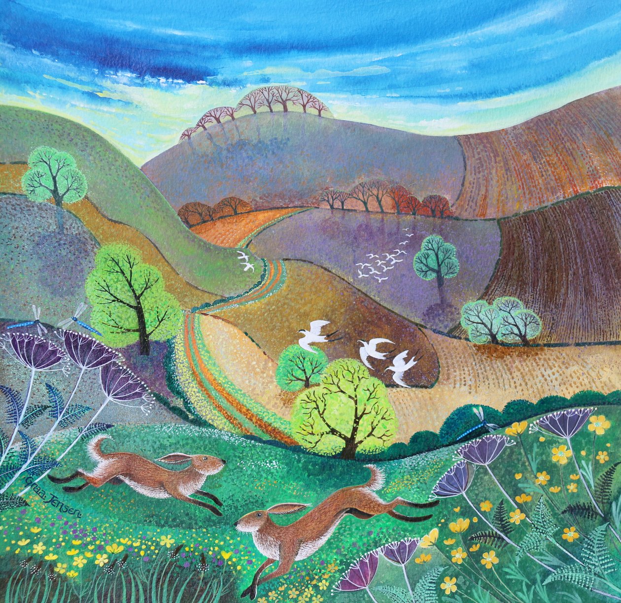 Downland Hares, 2017, (akryl på papper) av Lisa Graa Jensen