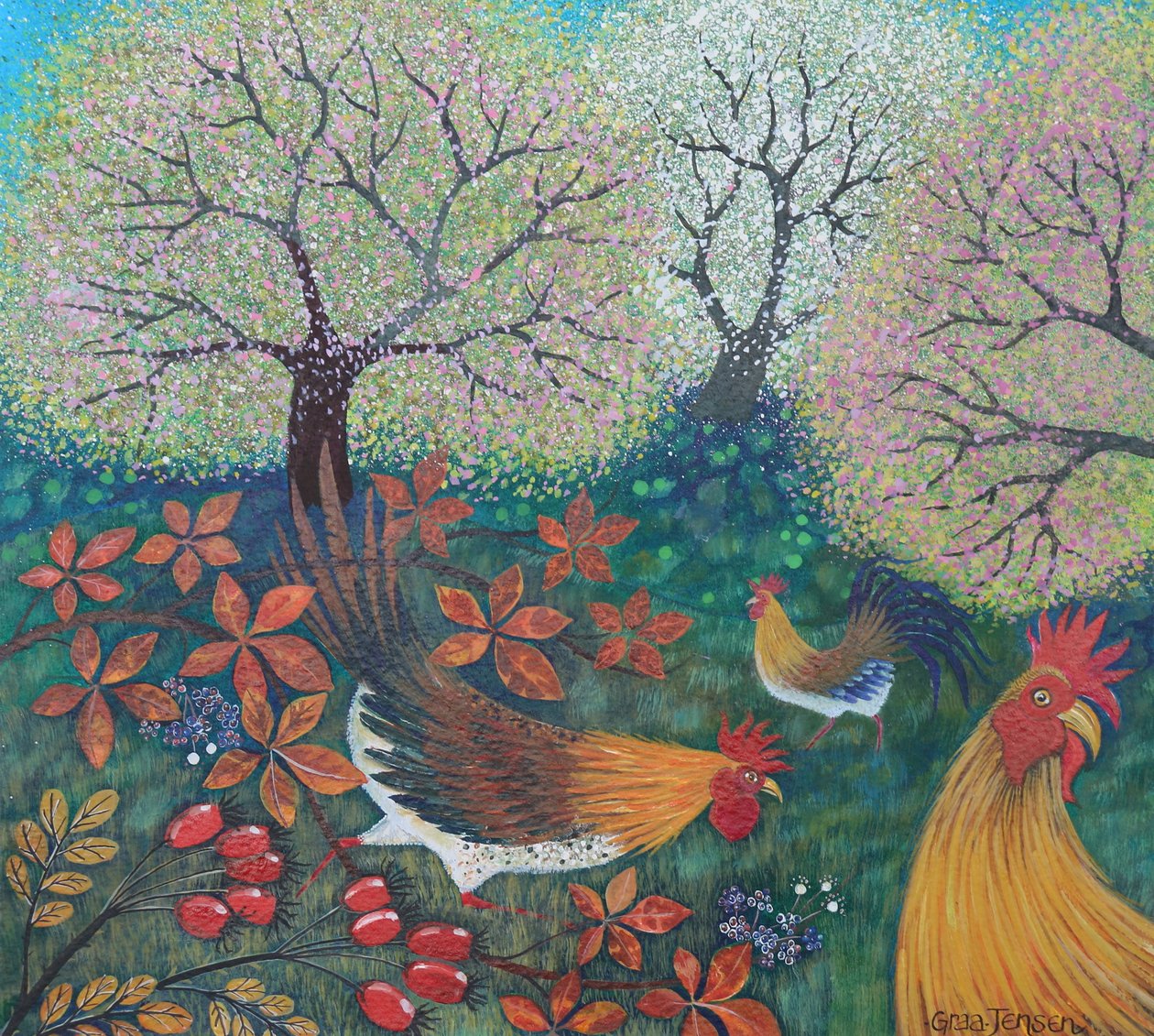 Easter Hens, 2024 (akryl på papper) av Lisa Graa Jensen