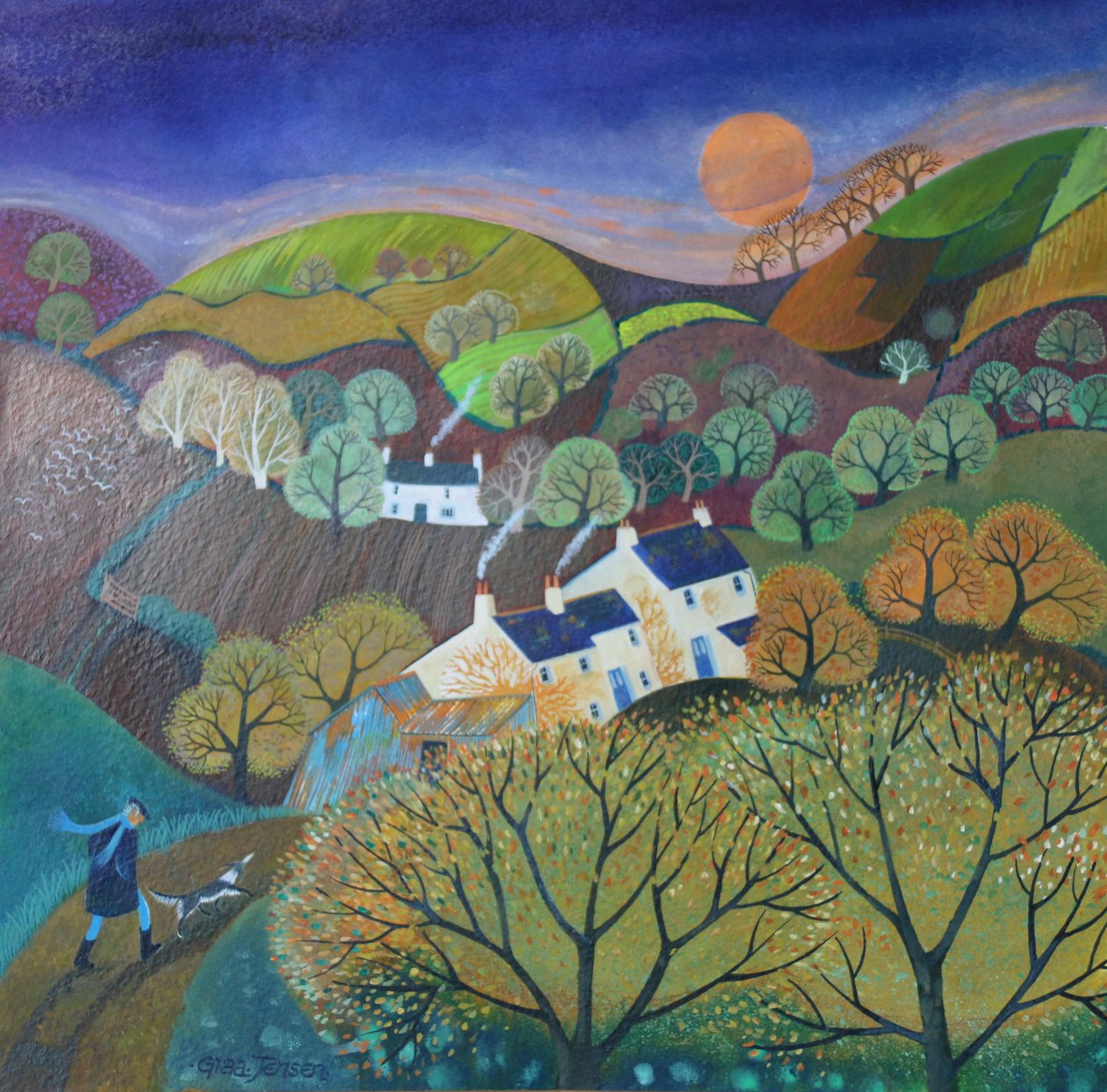 Evening Dog Walk, 2016, (akrylbläck på papper) av Lisa Graa Jensen