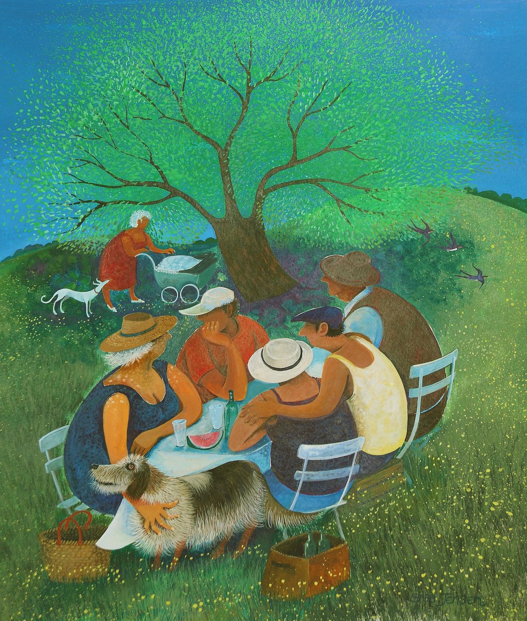 Familjepicknick, 2018 (akryl på papper) av Lisa Graa Jensen