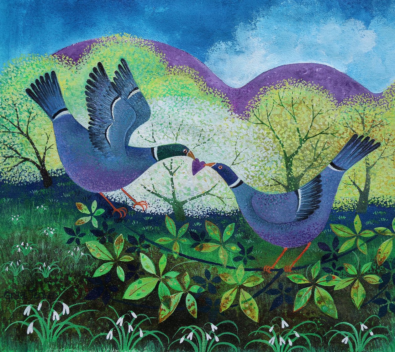 Love Birds, 2020, (akryl på papper) av Lisa Graa Jensen