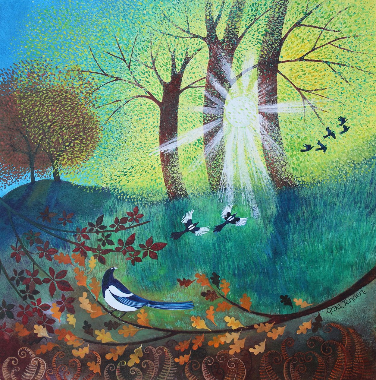 Magpies, 2023 (akryl på duk) av Lisa Graa Jensen