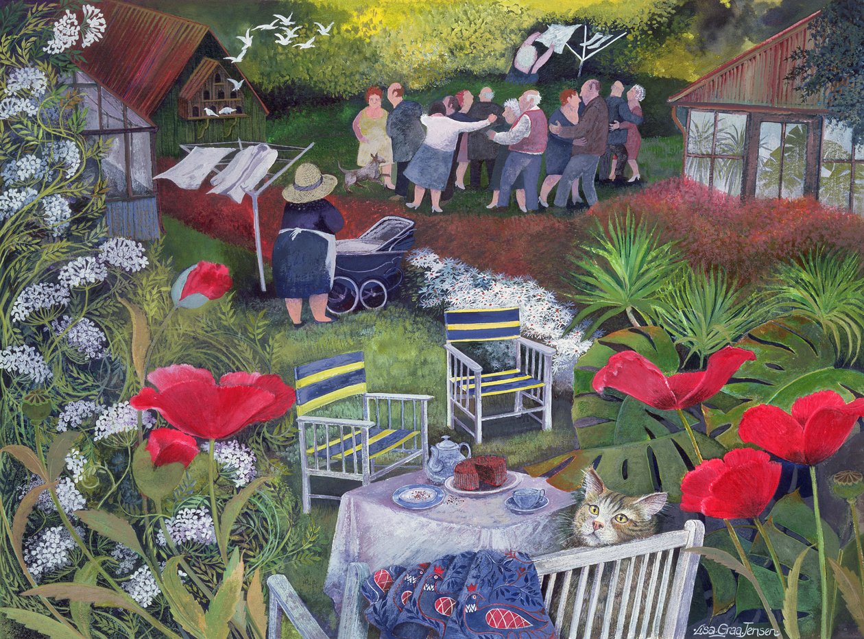 Neighborhood Watch Party, 1995 (akrylbläck, gouache) av Lisa Graa Jensen