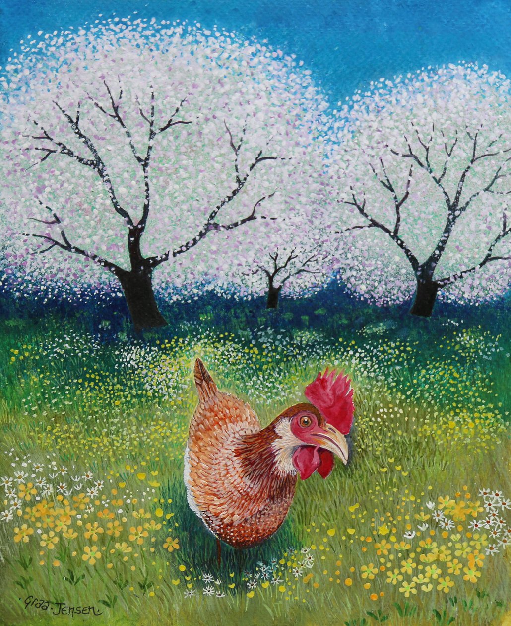 Orchard Hen,2021,(akryl på papper) av Lisa Graa Jensen