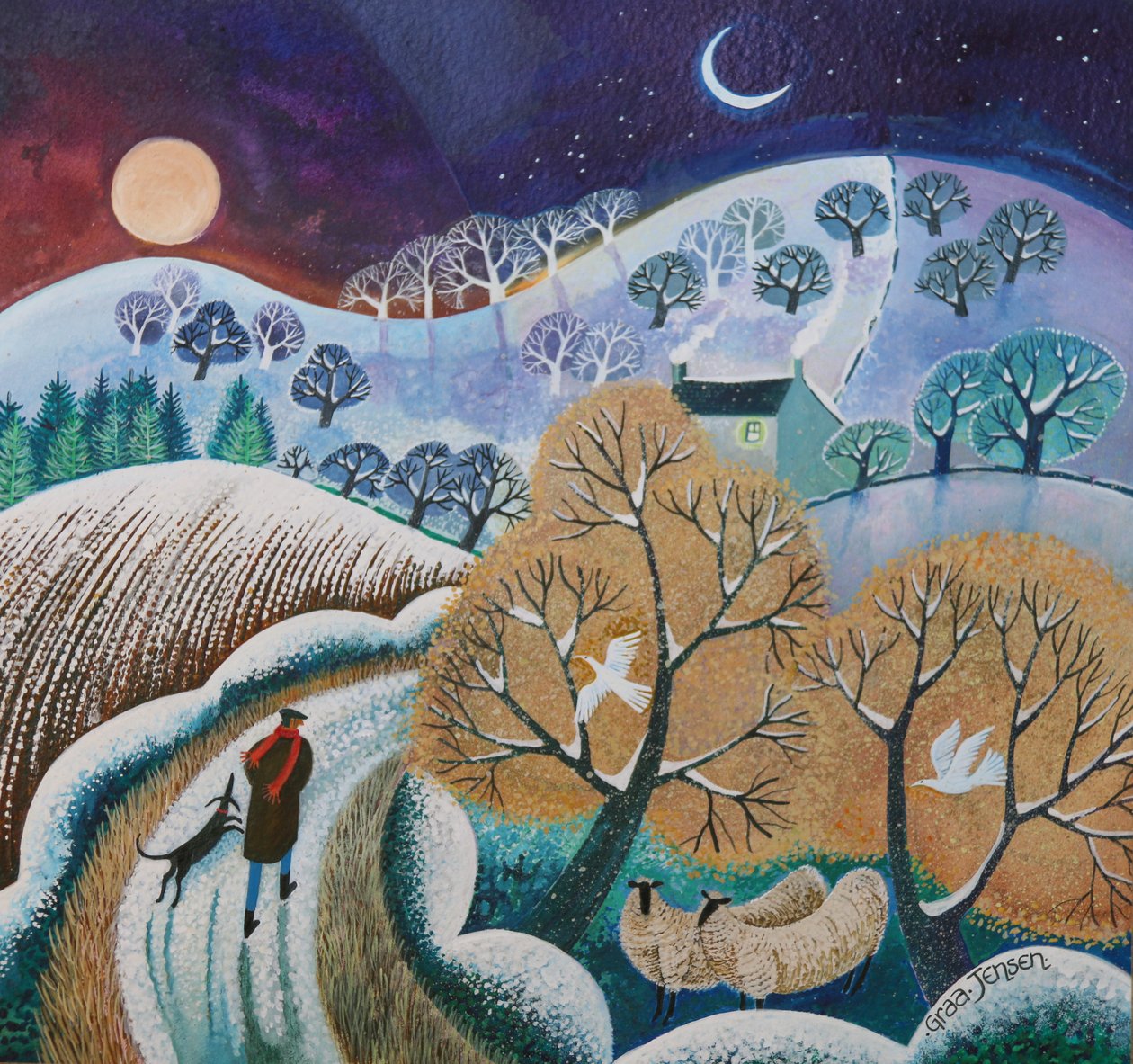 Snowy Winter Walk, 2017, (akrylbläck på papper) av Lisa Graa Jensen
