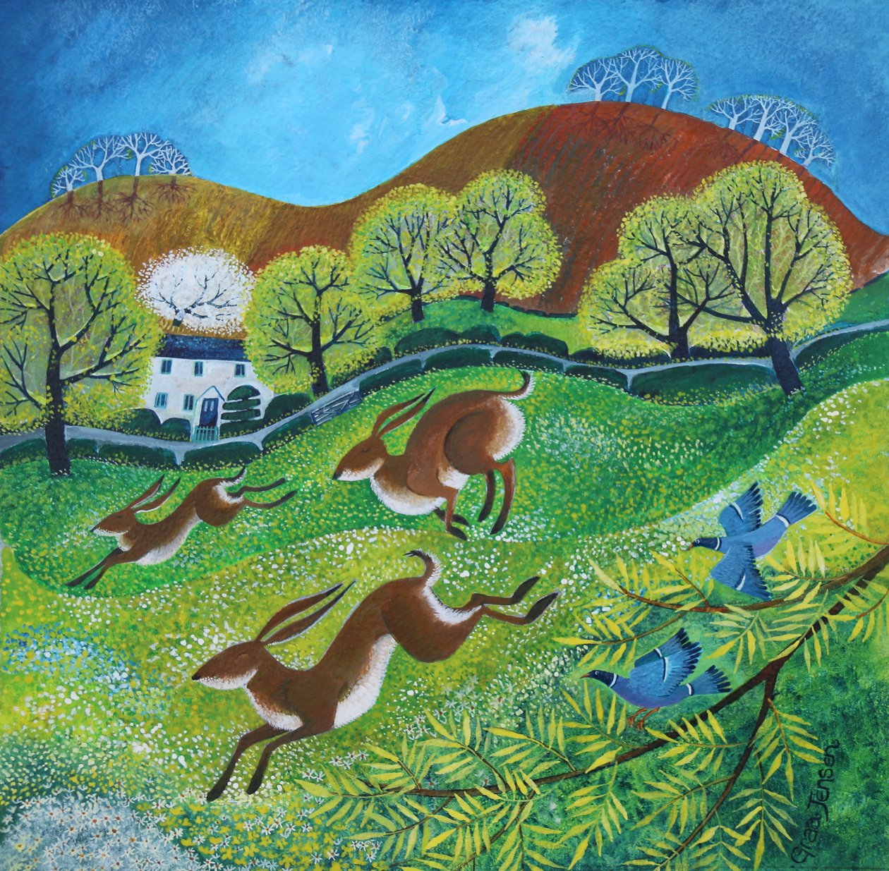 Springtime Hares, 2025 (akryl på linne) av Lisa Graa Jensen