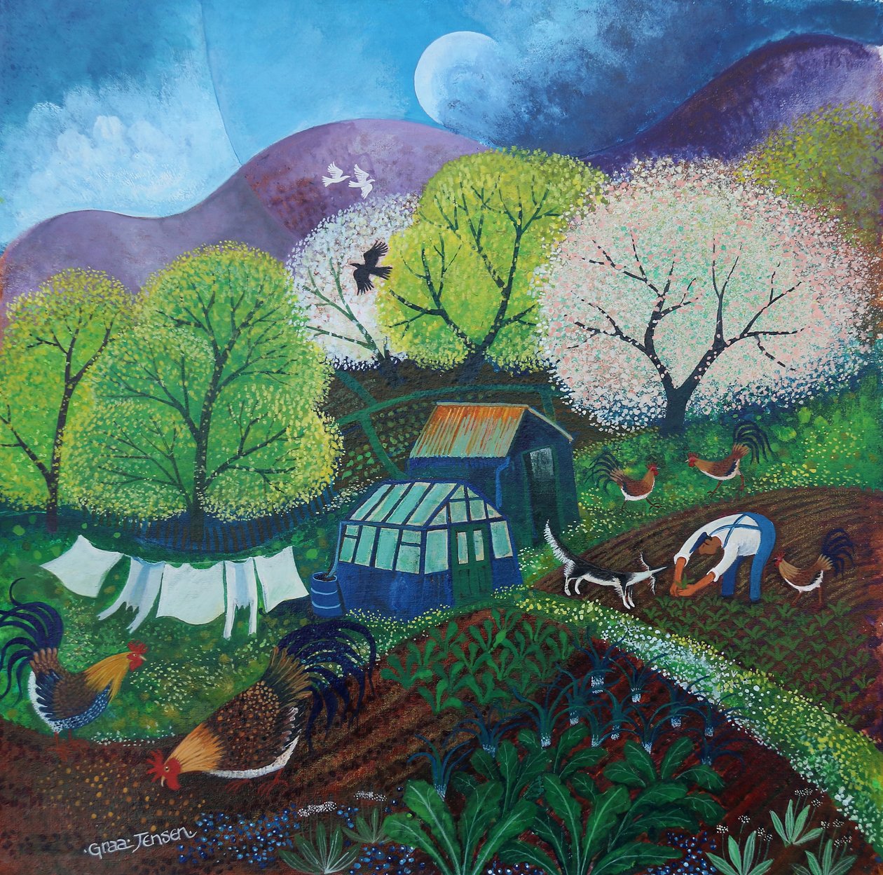 Springtime on the Allotment, 2025 (akryl på linne) av Lisa Graa Jensen