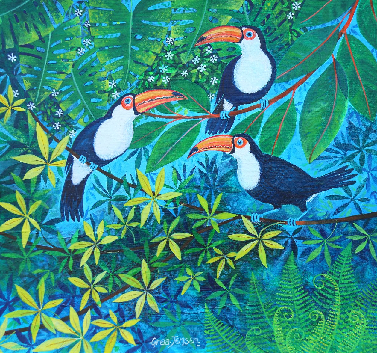 Toucan Threesome, 2024 (akryl på linne) av Lisa Graa Jensen