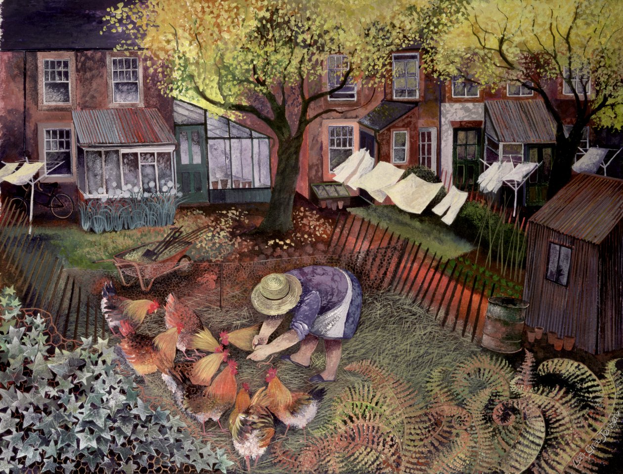 Town Hens, 1995 (akrylbläck, gouache) av Lisa Graa Jensen