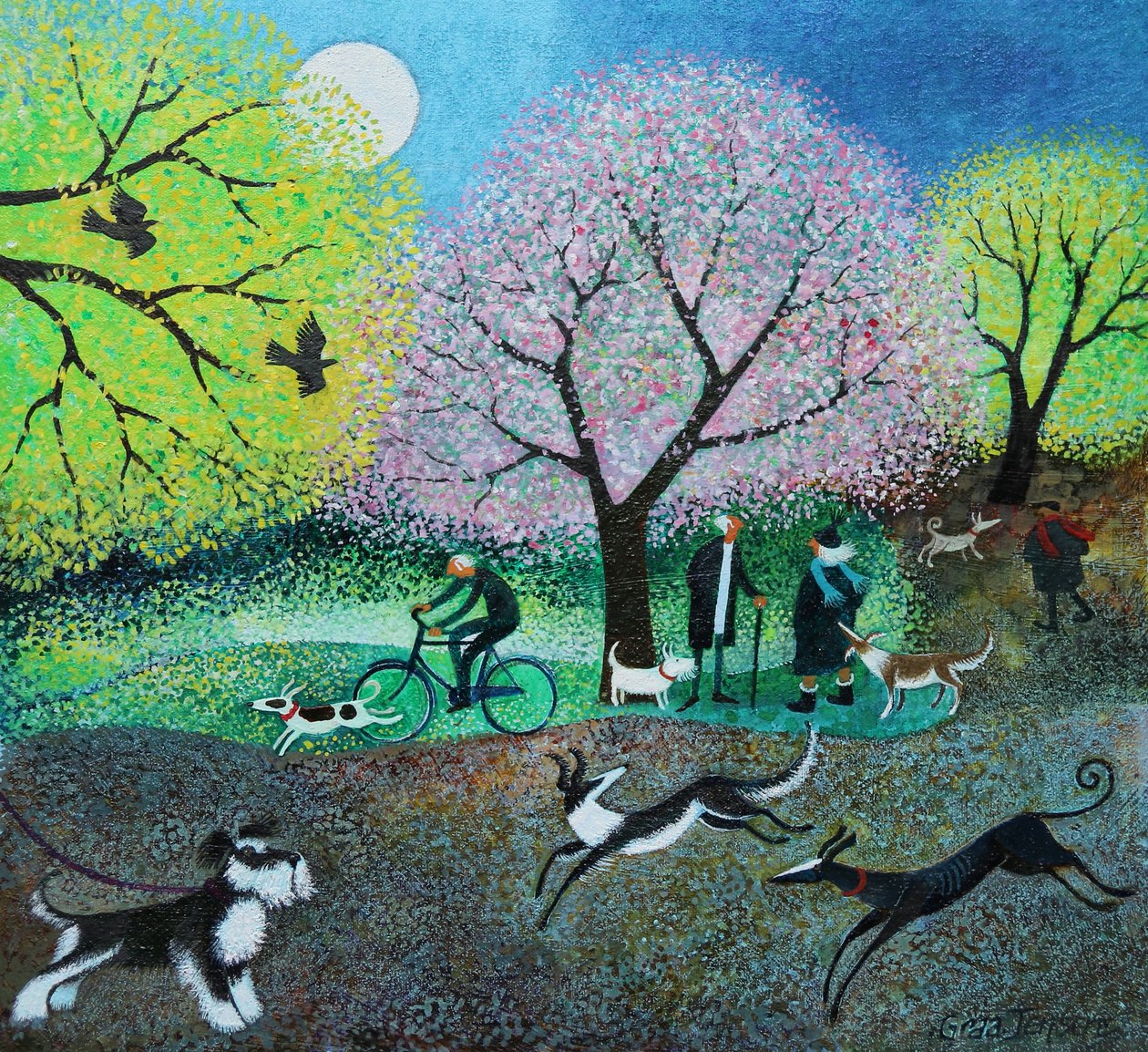 Wellie Road Dog Walkers, 2021 (akryl på linne) av Lisa Graa Jensen