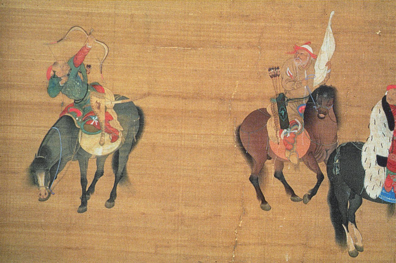 Kublai Khan (1214-94) Jakt (detalj), Yuan-dynastin (bläck och färg på siden) (se 150417) av Liu Kuan tao