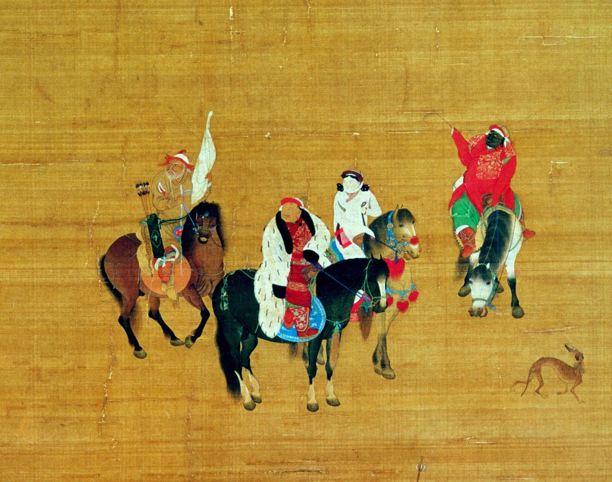 Kublai Khan (1214-94) Jakt, Yuan-dynastin (bläck och färg på siden) (detalj) av Liu Kuan tao