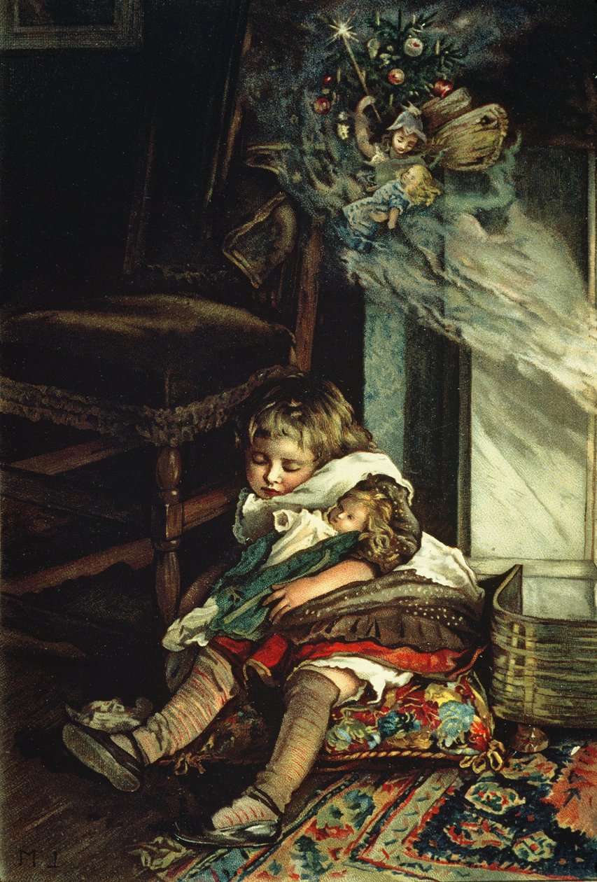 Barn som drömmer om leksaker, framsidan av "A Christmas Tree Fairy", pub. 1886 av Lizzie Mack