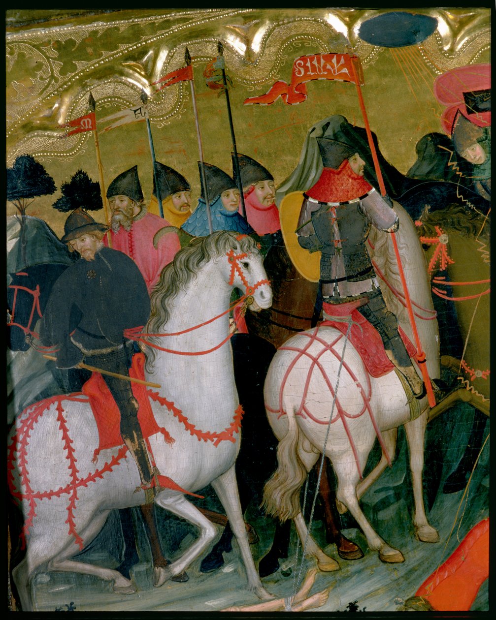 Beridna soldater, detalj från Jungfruns och St. Georges altartavla, ca 1390-1400 (tempera på panel) av Lluís Borrassà