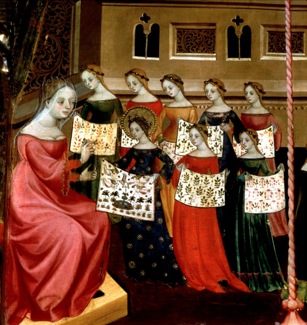 Jungfru Maria med sina klasskamrater visar handarbetsprovtagare för sin lärare, detalj från Jungfruns altartavla och St. George, ca 1390-1400 (tempera på panel) av Lluís Borrassà