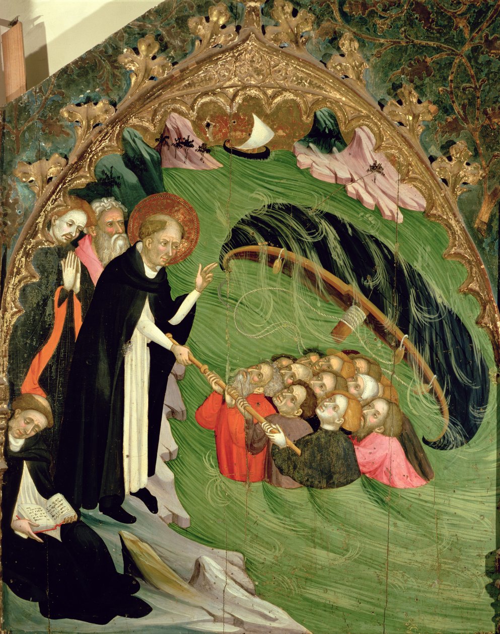 St. Dominic räddar skeppsbrutna fiskare från Drowning, detalj från altartavlan av St. Claire, 1415 av Lluís Borrassà