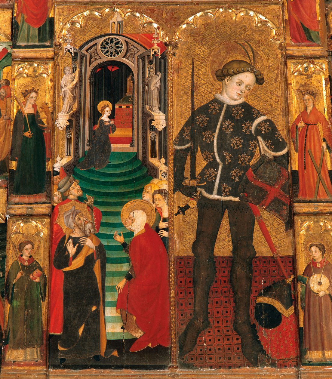 Gotisk period. Altartavla med Jungfrun och Sankt Georg (Sant Jordi), av Lluis Borrassa (1360-1426). Målning i trä. Arbete utfört i Barcelona ca 1390-1400. Detalj, Marias presentation i templet och Sankt Georg (Sant Jordi / San Jorge) som riddare. Konve av Lluís Borrassà