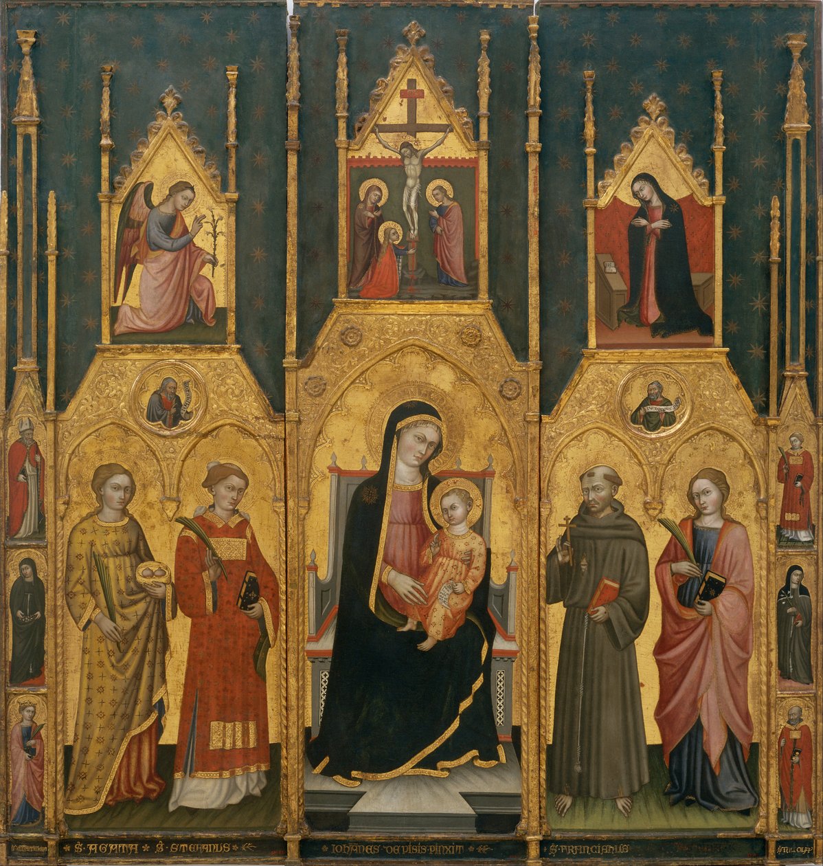 Altartavla av Jungfru Maria med heliga Agatha, Stefan, Franciskus och ett martyrhelgon av Lo Spagna