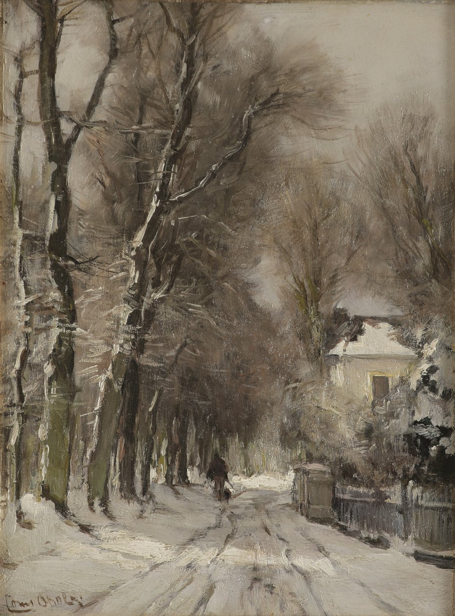 En snötäckt stig på vintern (olja på pannå) av Lodewijk Frederik Hendrik (1850 1936) Apol
