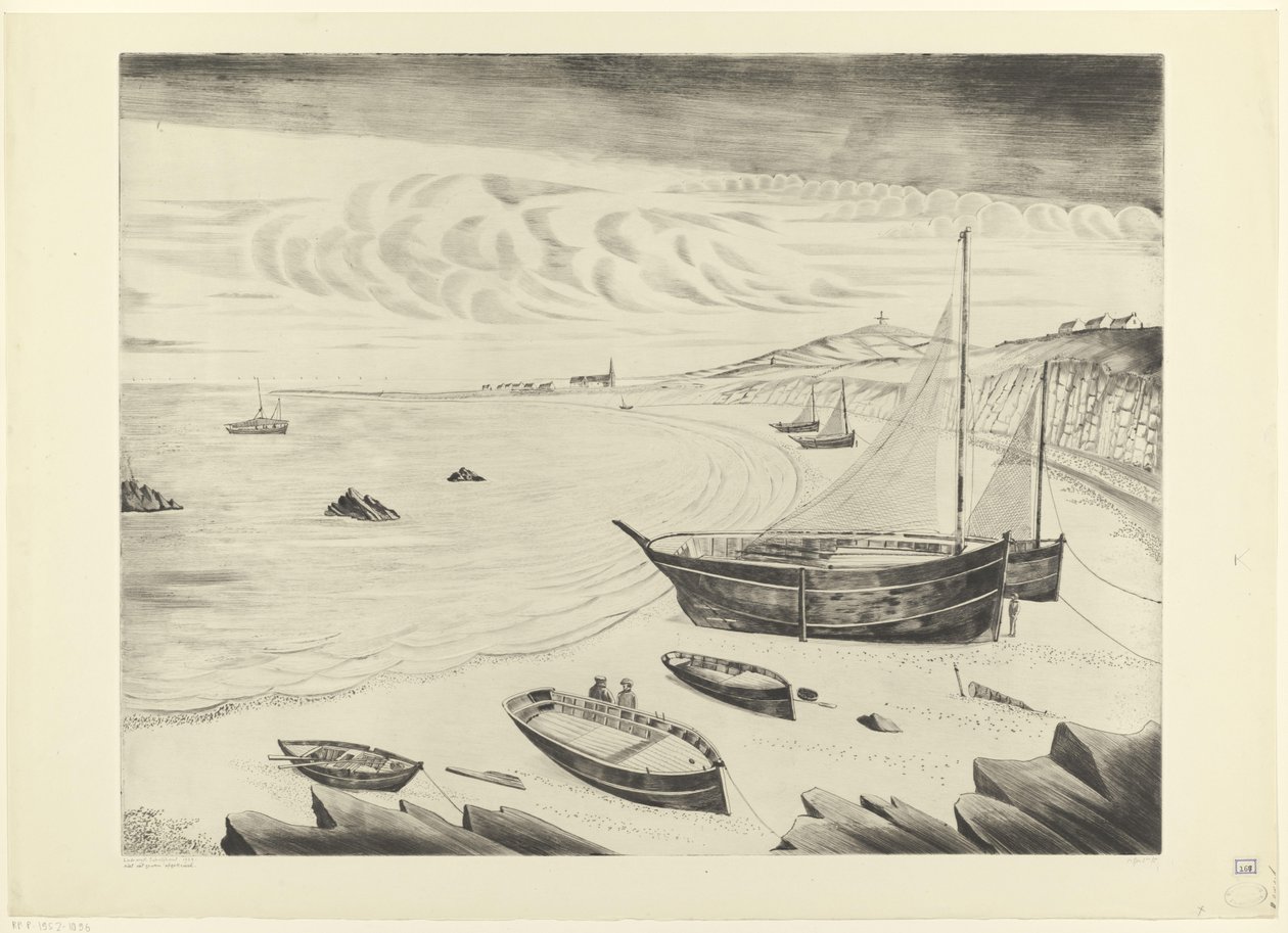 Åtta förtöjda fartyg på en strand Les Vaisseaux (originaltitel) av Lodewijk Schelfhout (signed by artist)