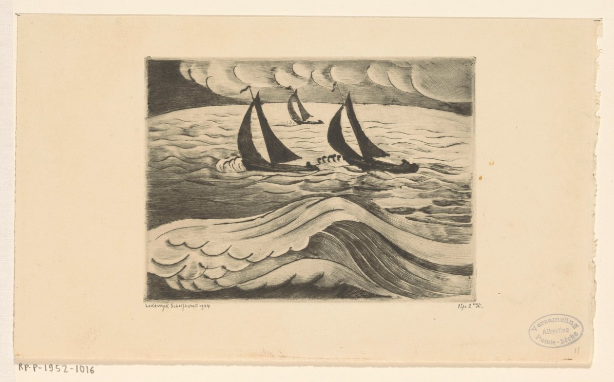 Tre segelfartyg till havs under en storm La Tempête (originaltitel) av Lodewijk Schelfhout (signed by artist)