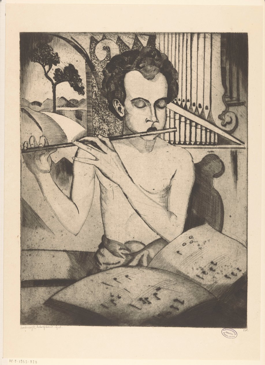 Halvnaken pojke som spelar flöjt Le Flûteur (originaltitel) av Lodewijk Schelfhout (signed by artist)