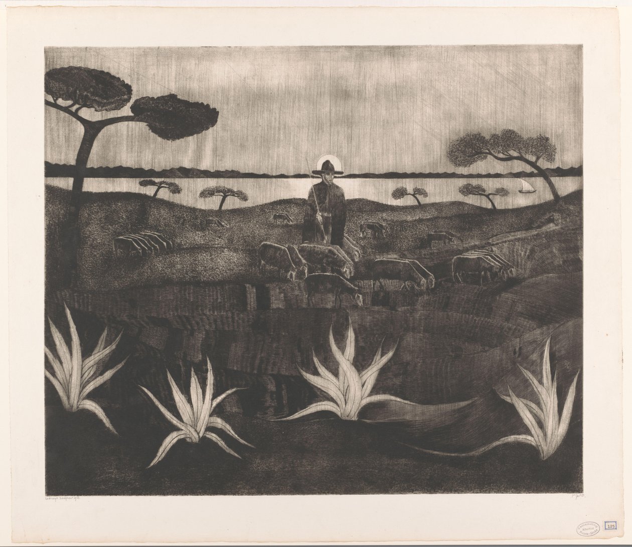 Herde med en flock får i ett kuperat landskap Le Troupeau (originaltitel) av Lodewijk Schelfhout (signed by artist)