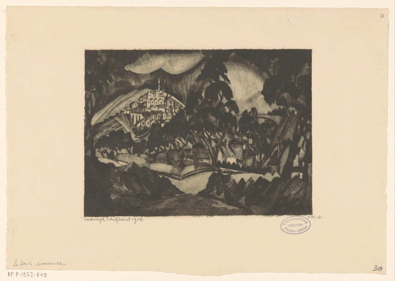 Kuperat landskap med träd och byggnader Le Soir (originaltitel på objekt) av Lodewijk Schelfhout (signed by artist)