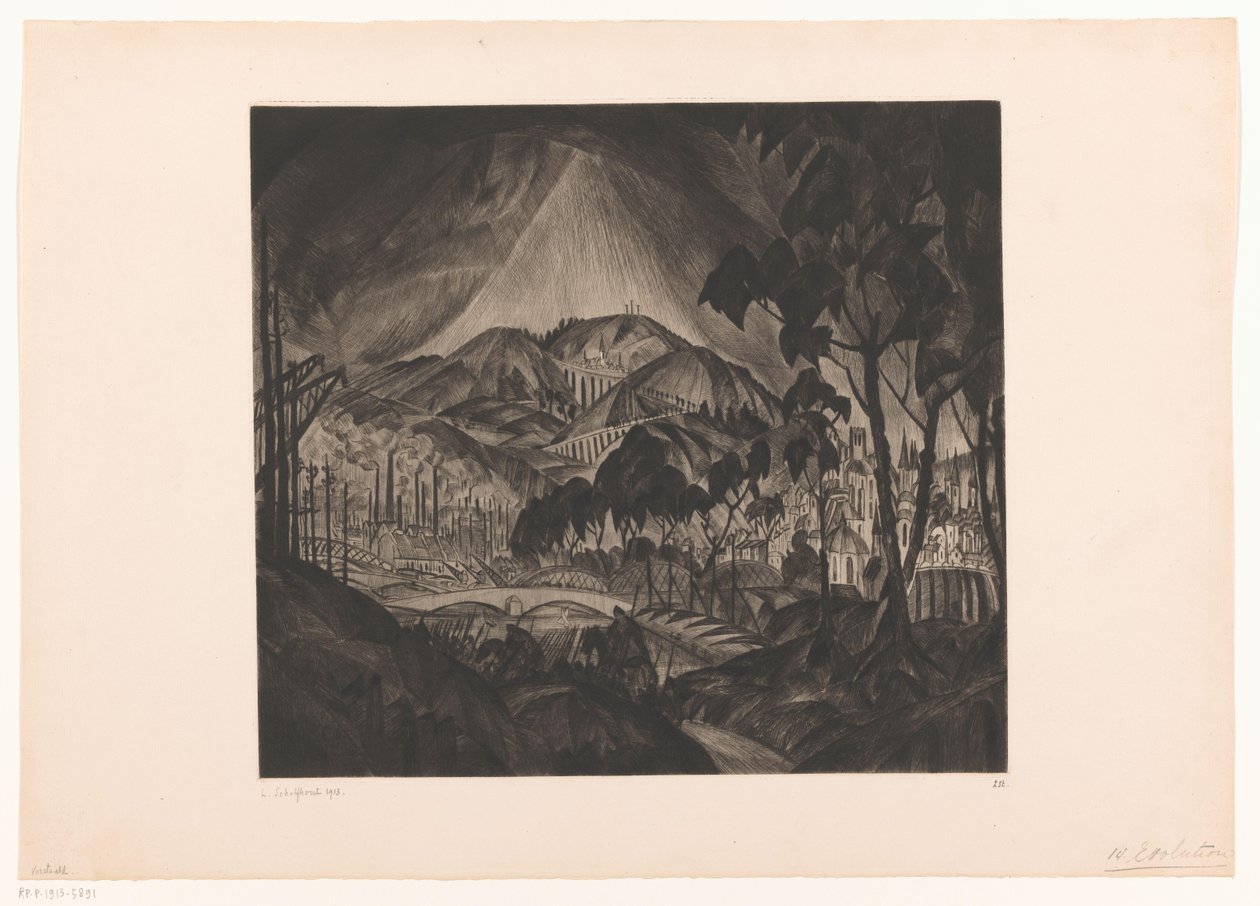 Kuperat landskap med industri Evolution (originaltitel) av Lodewijk Schelfhout (signed by artist)