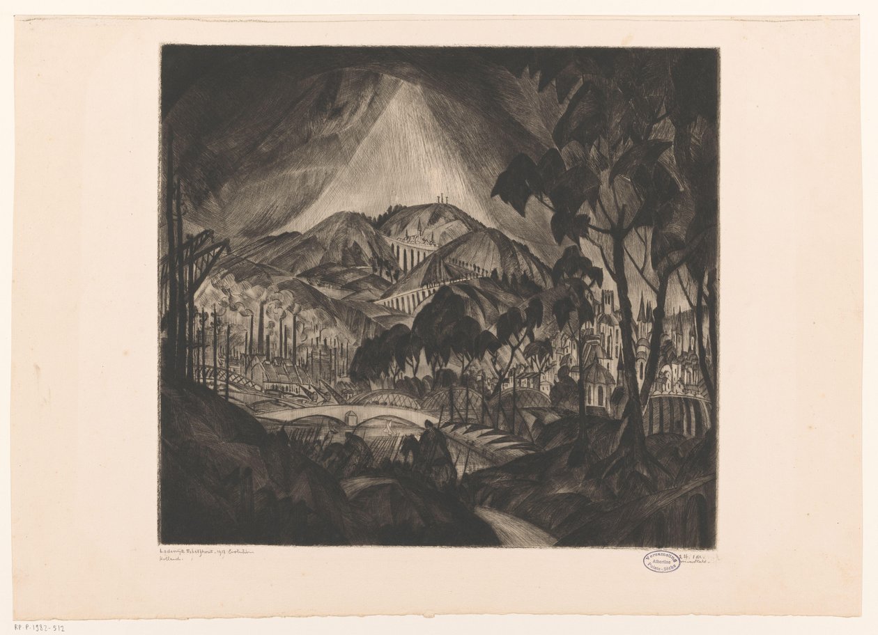 Kuperat landskap med industri Evolution (originaltitel på objekt) av Lodewijk Schelfhout (signed by artist)