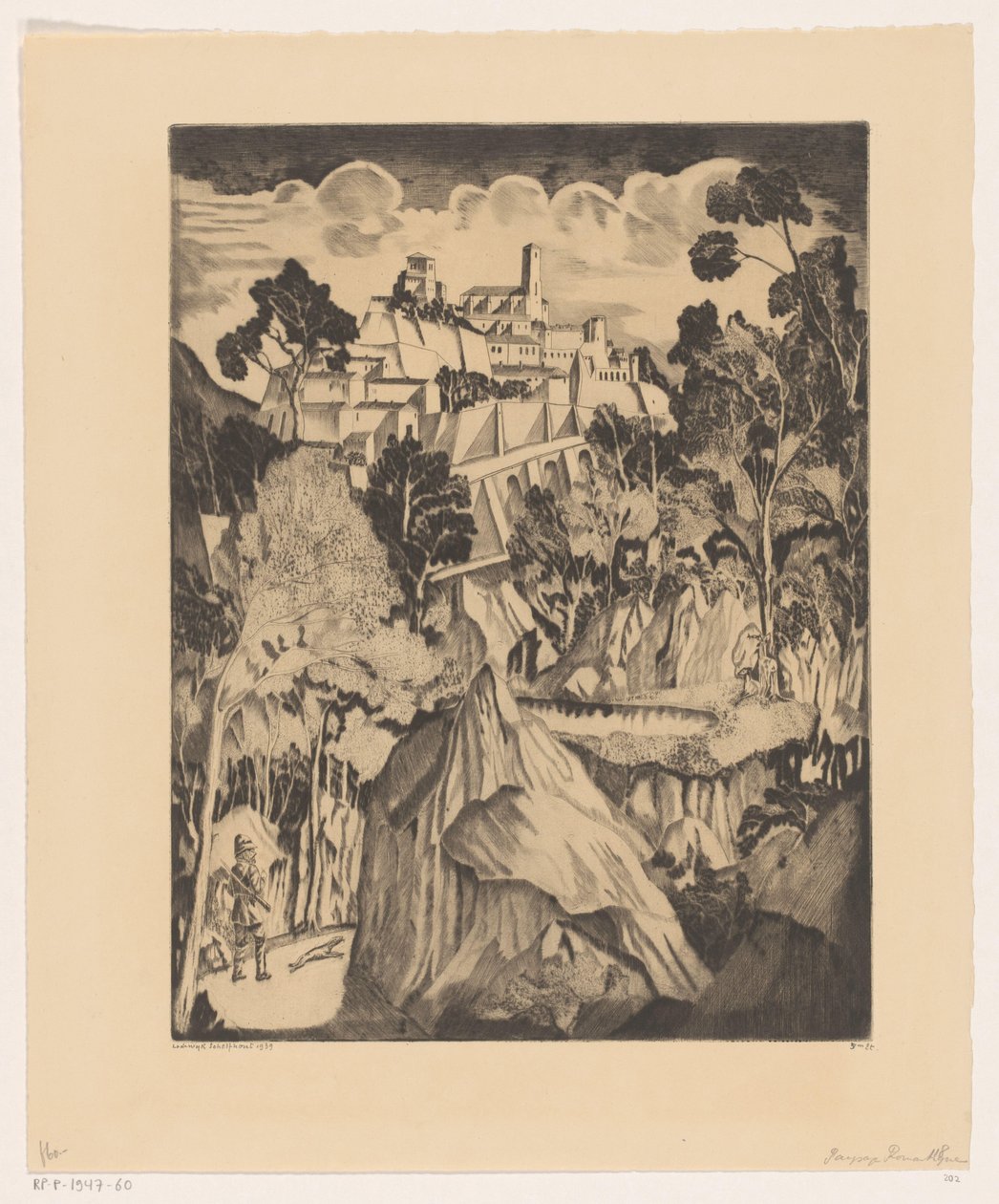 Kuperat landskap med jägare Paysage romantic (originaltitel) av Lodewijk Schelfhout (signed by artist)