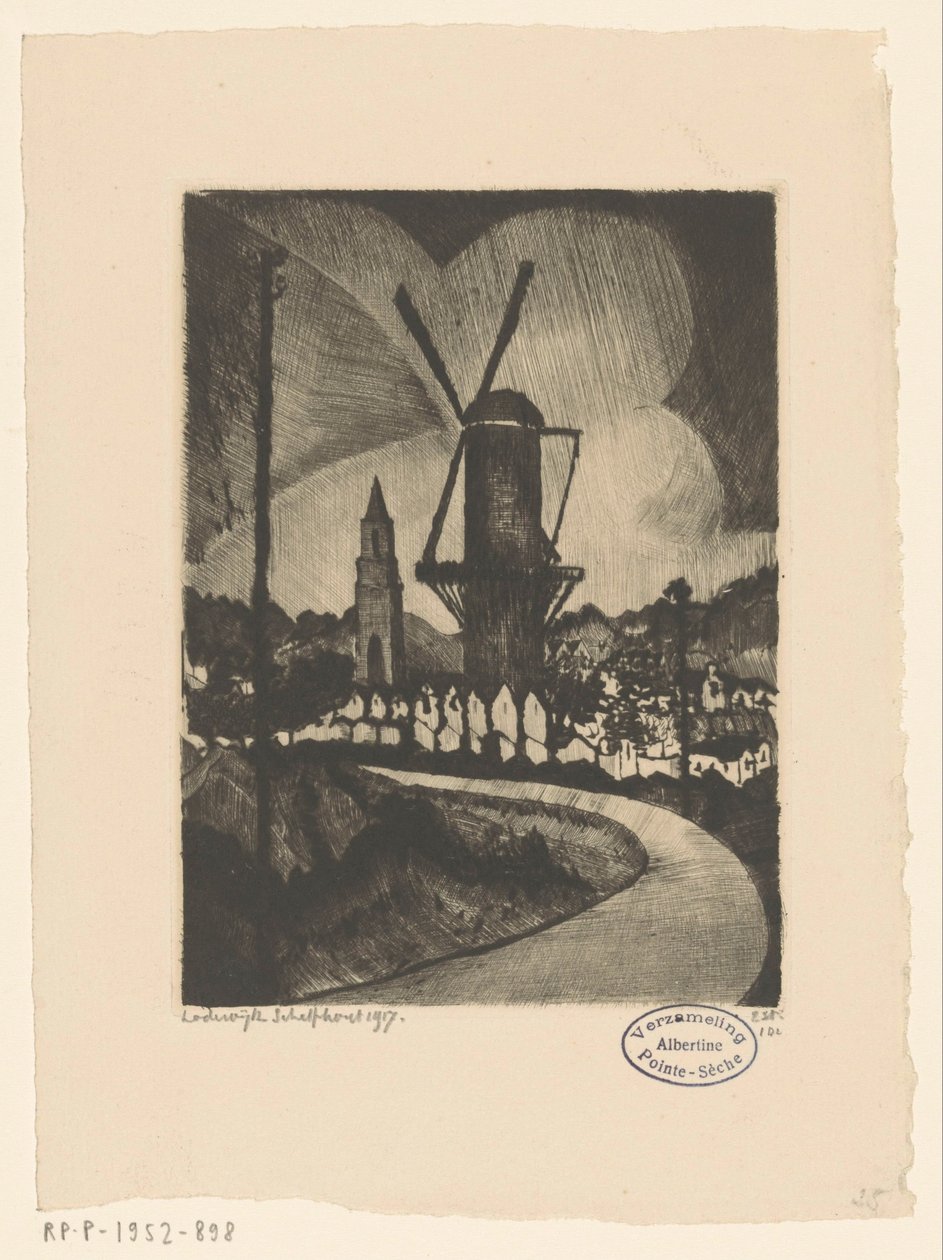 Kuperat landskap med väderkvarn Le Moulin (originaltitel) av Lodewijk Schelfhout (signed by artist)