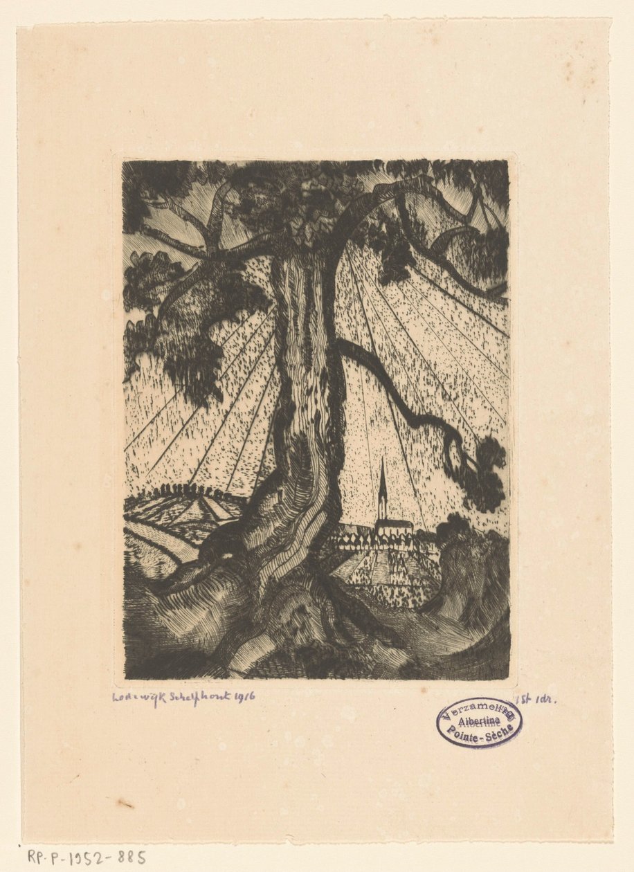 Kuperat landskap med bosättning Le Village I (originaltitel) av Lodewijk Schelfhout (signed by artist)