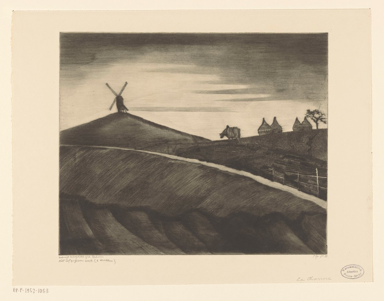 Kuperat landskap med plöjande oxe nära Etikhove La Charrue (originaltitel) av Lodewijk Schelfhout (signed by artist)