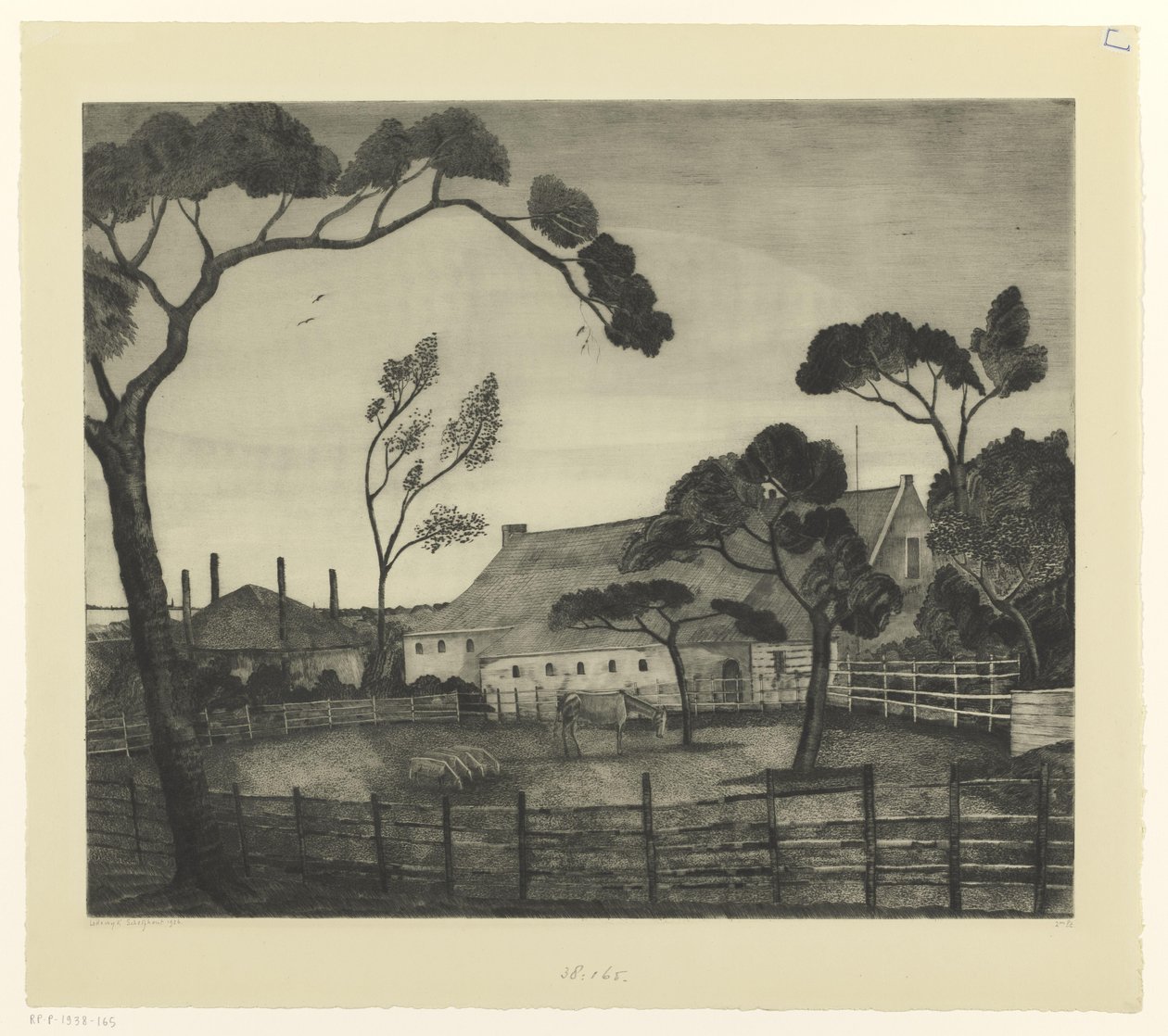 Holländskt landskap med gård och äng Paysage Hollandais (originaltitel) av Lodewijk Schelfhout (signed by artist)