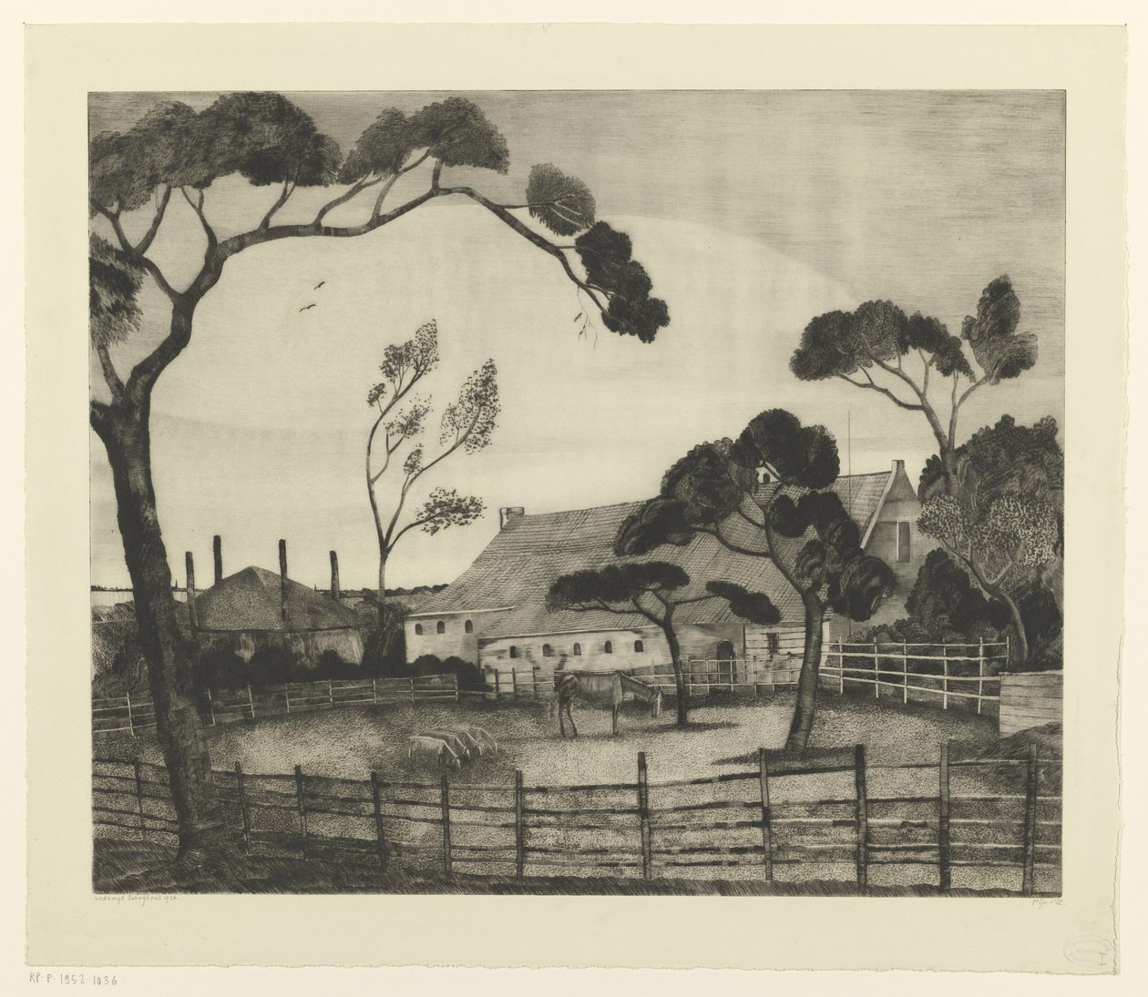 Holländskt landskap med gård och äng Paysage Hollandais (originaltitel) av Lodewijk Schelfhout (signed by artist)