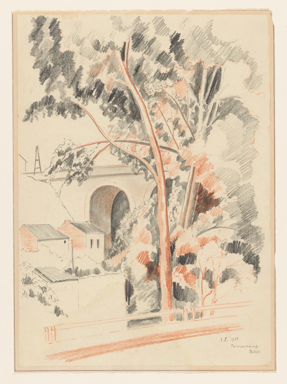Hus och träd under en viadukt i Remouchamps av Lodewijk Schelfhout (signed by artist)