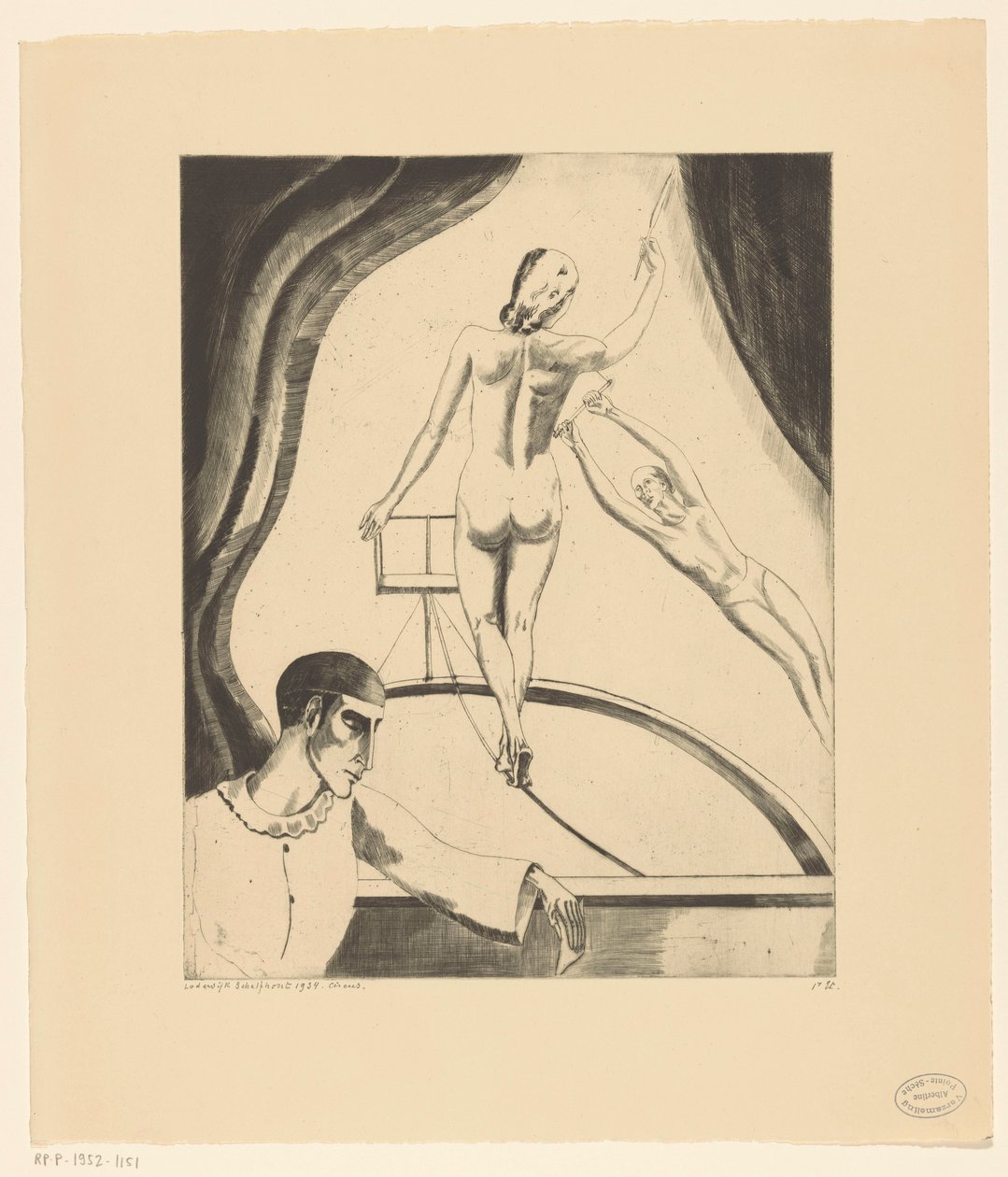 Spännrullator, trapetskonstnär och pirrot Le Cirque I (originaltitel) av Lodewijk Schelfhout (signed by artist)