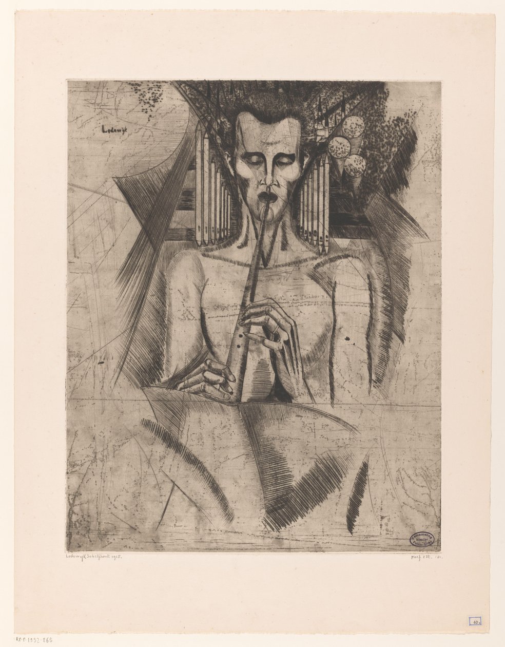 Naken man spelar en flöjt La Musique (originaltitel) av Lodewijk Schelfhout (signed by artist)
