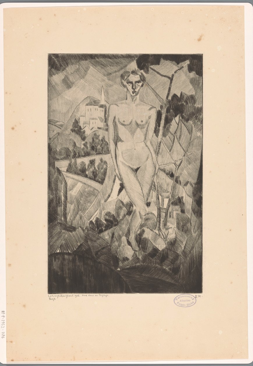 Naken kvinna i kuperat landskap Nue dans un paysage (originaltitel på objekt) av Lodewijk Schelfhout (signed by artist)