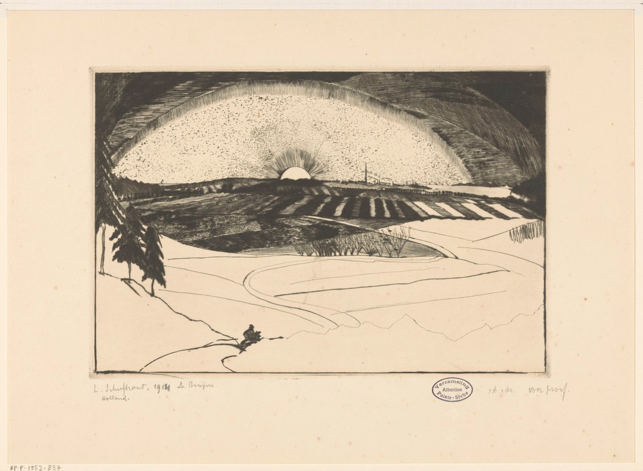 Solen går upp eller går ner över ett kuperat landskap La Bruyere (originaltitel på objekt) av Lodewijk Schelfhout (signed by artist)
